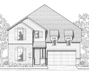 A black and white drawing of a new two story home nestled in nature.