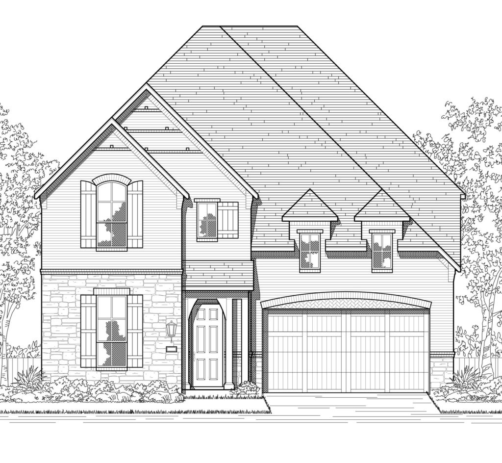 A black and white rendering of a two story home nestled in the peaceful and serene nature of Texas.