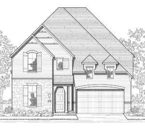 A black and white rendering of a two story home nestled in the peaceful and serene nature of Texas.