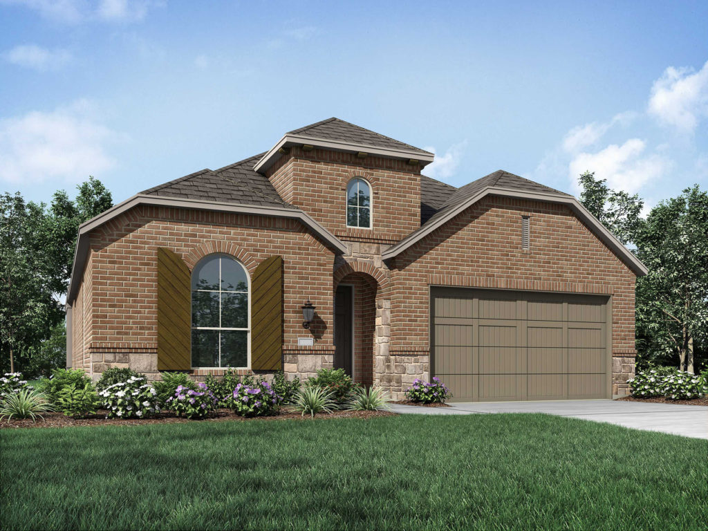 A rendering of a new brick home with a garage in Texas.