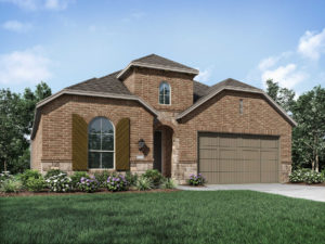 A rendering of a new brick home with a garage in Texas.