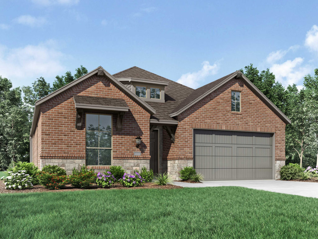 A rendering of a McKinney brick home with a garage, nestled in the Trails community.