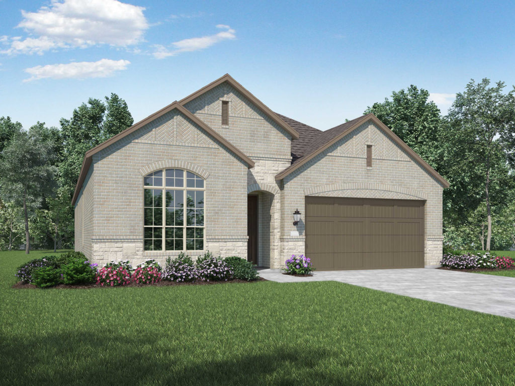 A rendering of a two story home with a garage nestled in the nature-filled trails of Texas.