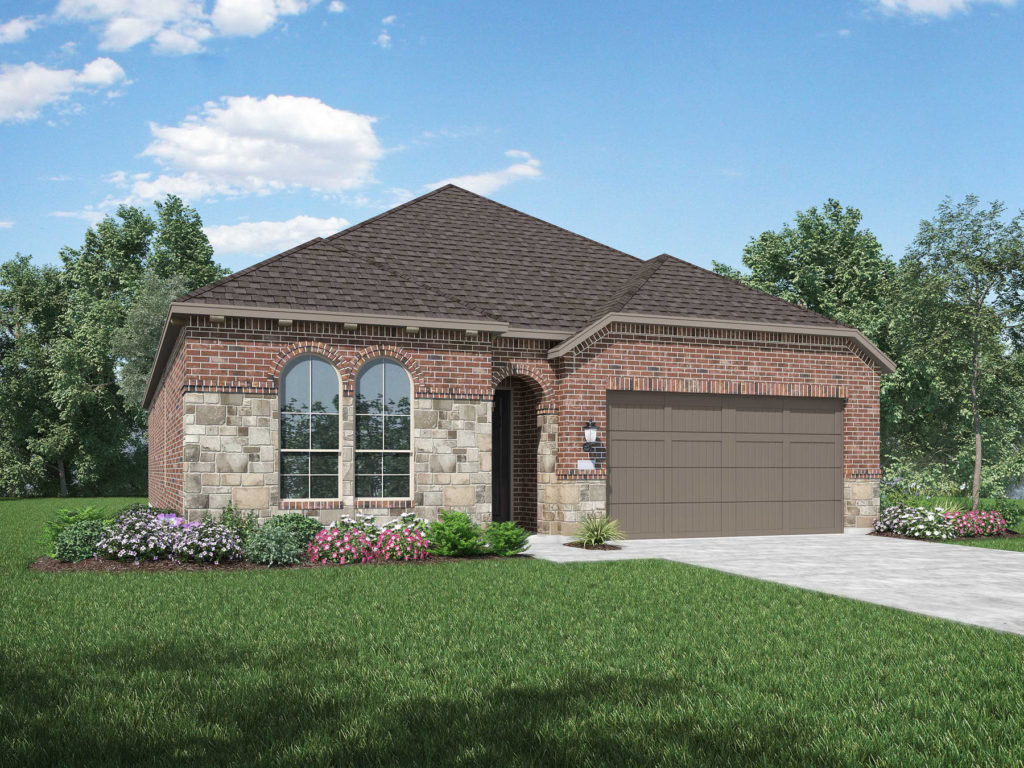 A rendering of a new brick home with a garage in McKinney.