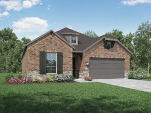 A rendering of a nature-inspired brick home with a garage.