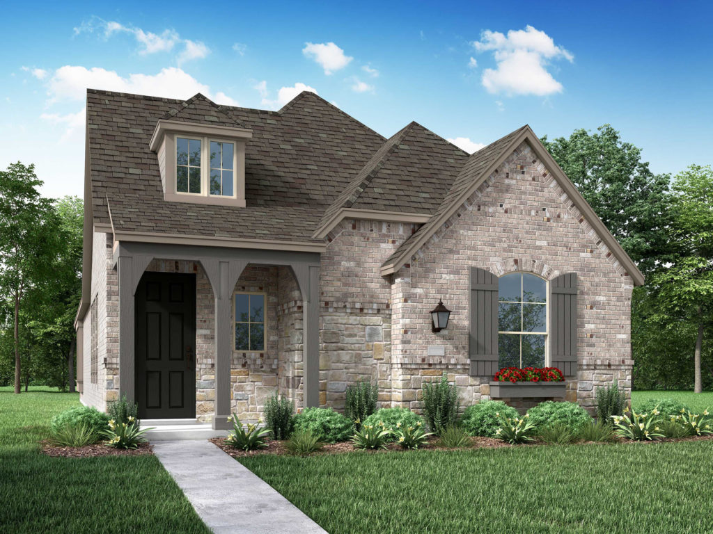 A rendering of a two story brick home nestled in the scenic nature surroundings of McKinney, with convenient access to nearby trails.