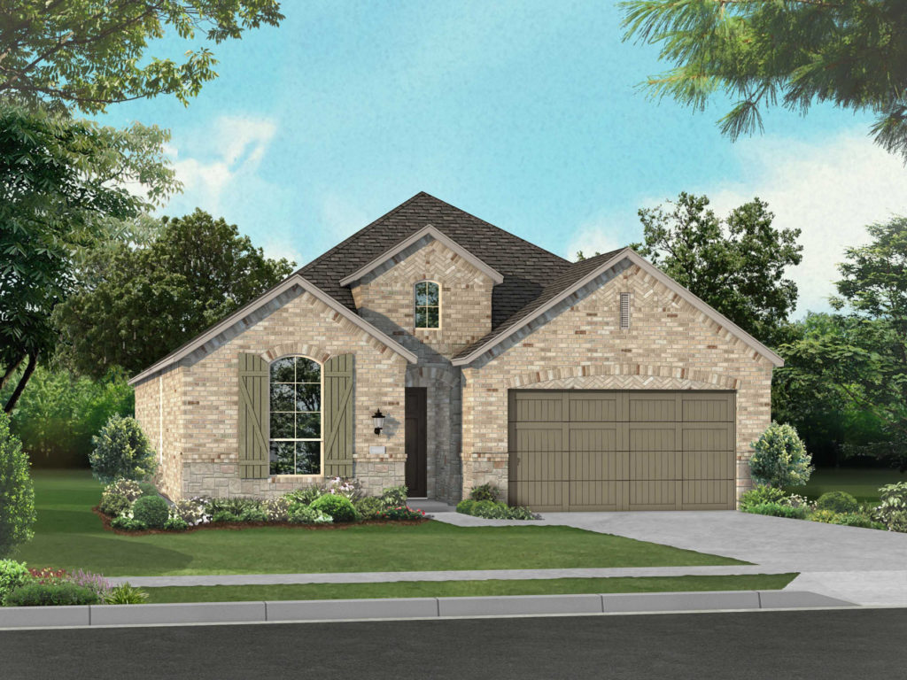 A rendering of a new home with a garage in the front, surrounded by nature near a lake.