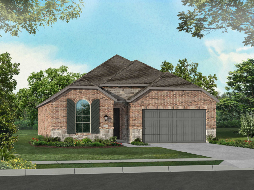 A rendering of a new brick home with a garage nestled amidst nature.