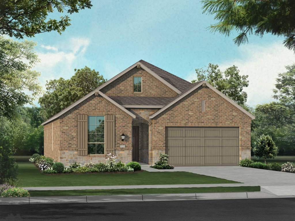 A rendering of a new brick home with a garage in McKinney.
