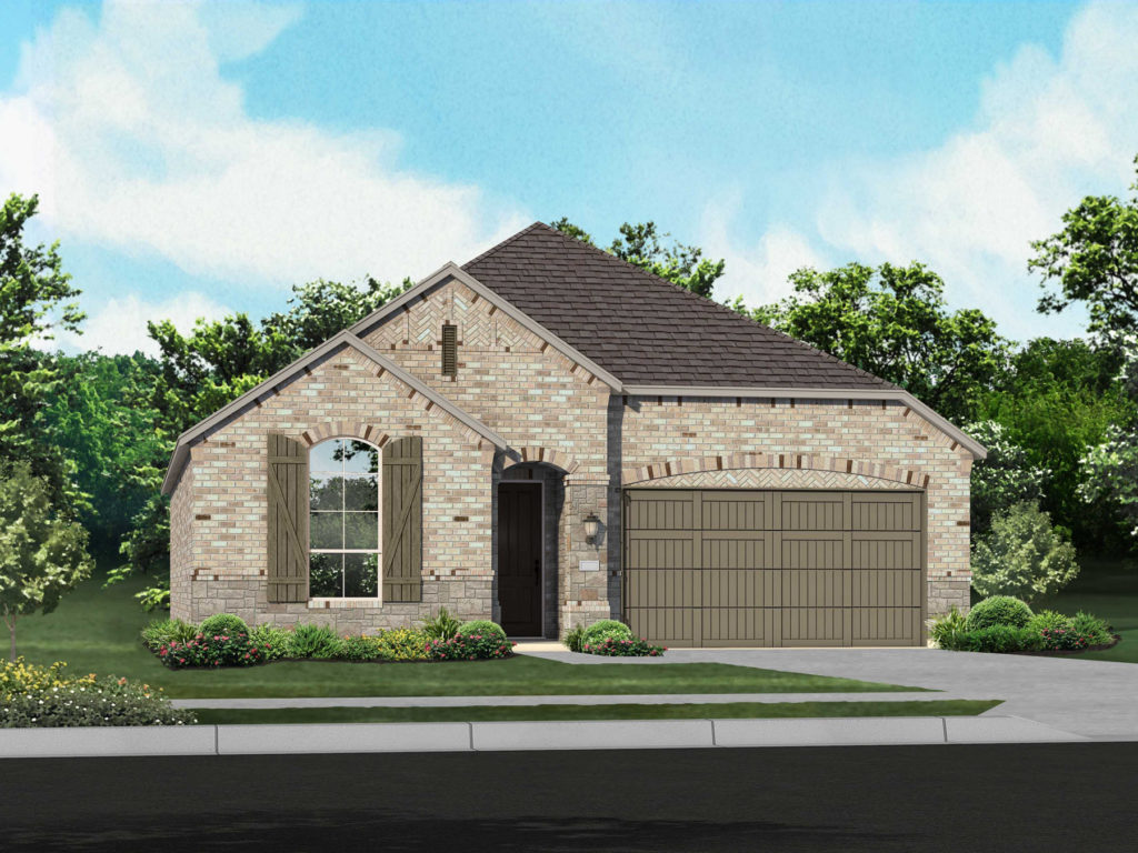 A rendering of a two-story home with a garage, nestled in the tranquil nature of McKinney Lake.