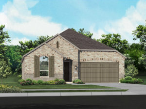 A rendering of a two-story home with a garage, nestled in the tranquil nature of McKinney Lake.