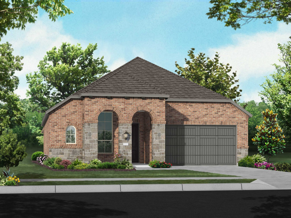 A picturesque rendering of a brick home in McKinney, Texas, nestled amidst serene nature surroundings.