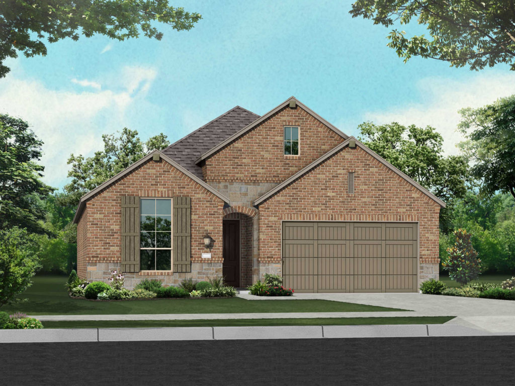 A rendering of a brick home with a garage located in McKinney, Texas.