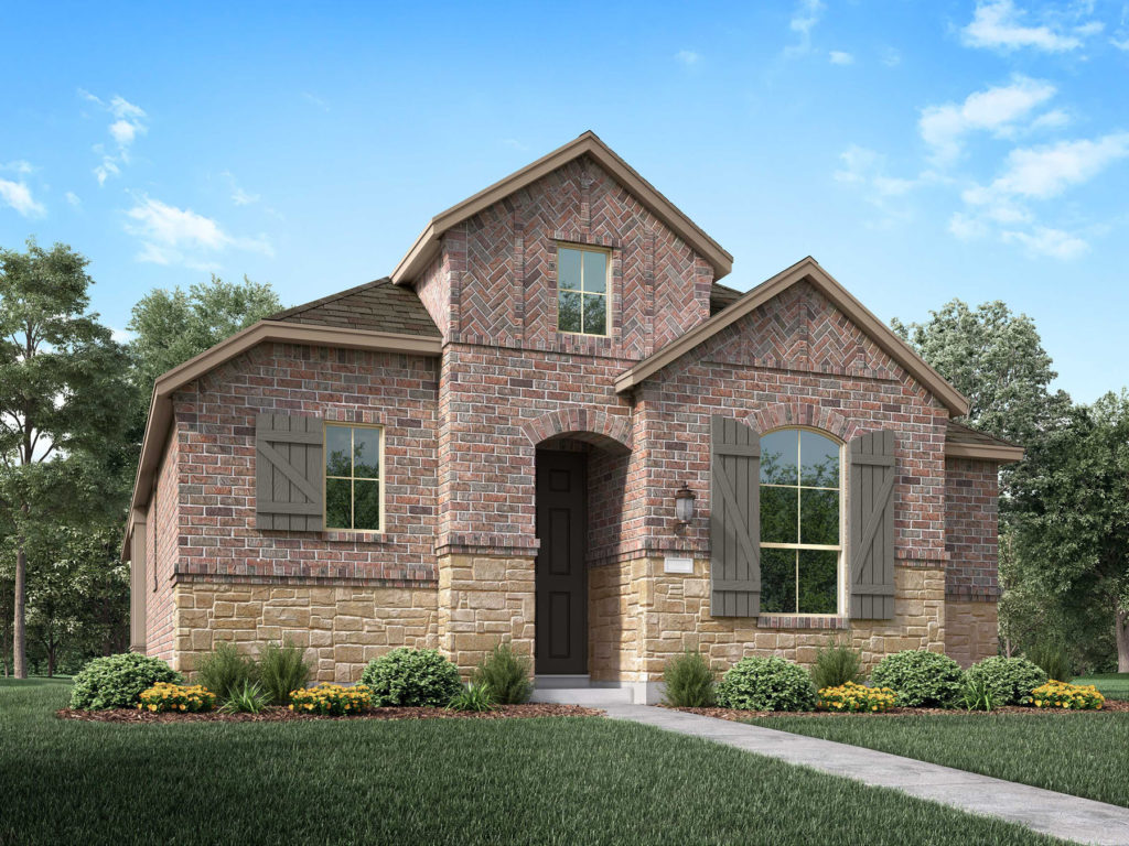 A rendering of a new two story brick home nestled amidst nature and trails.