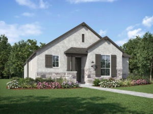 A rendering of a new home with a front porch surrounded by beautiful landscaping, blending seamlessly with the natural trails nearby.