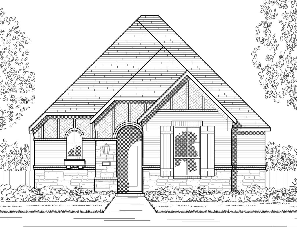 This is a black and white drawing of a nature-inspired house.
