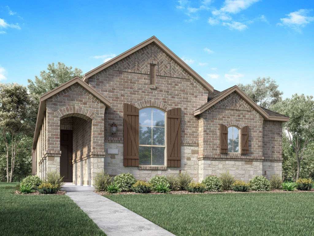 A rendering of a home with brick siding and a front porch located in McKinney, Texas.
