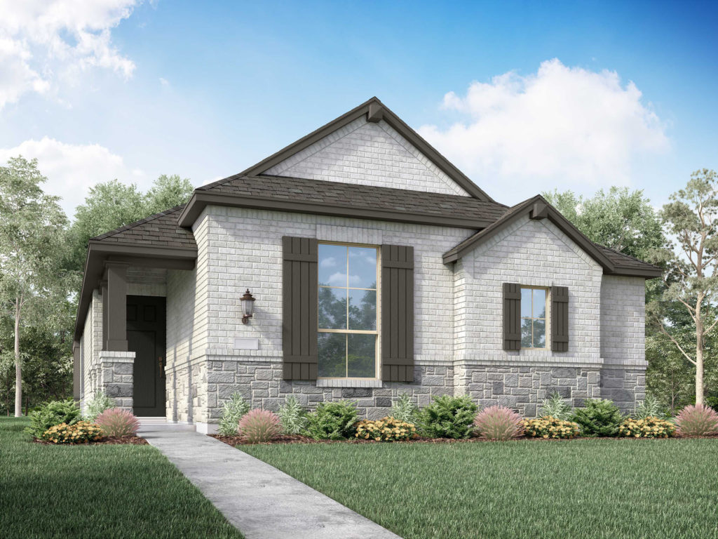 A rendering of a home in Texas with gray siding and a front porch.