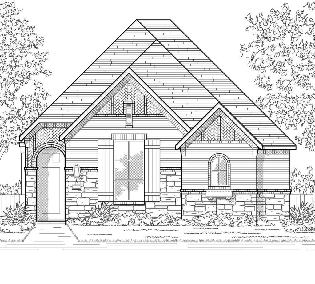 This is a black and white rendering of a new home with a lake view in McKinney.