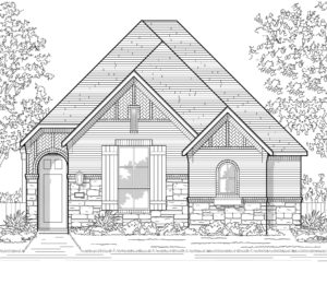 This is a black and white rendering of a new home with a lake view in McKinney.