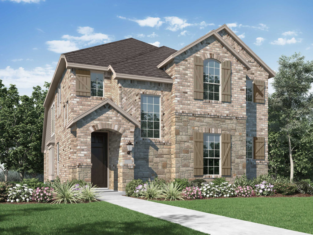 A rendering of a two-story brick home nestled amidst the serene nature of Texas, overlooking a picturesque lake.