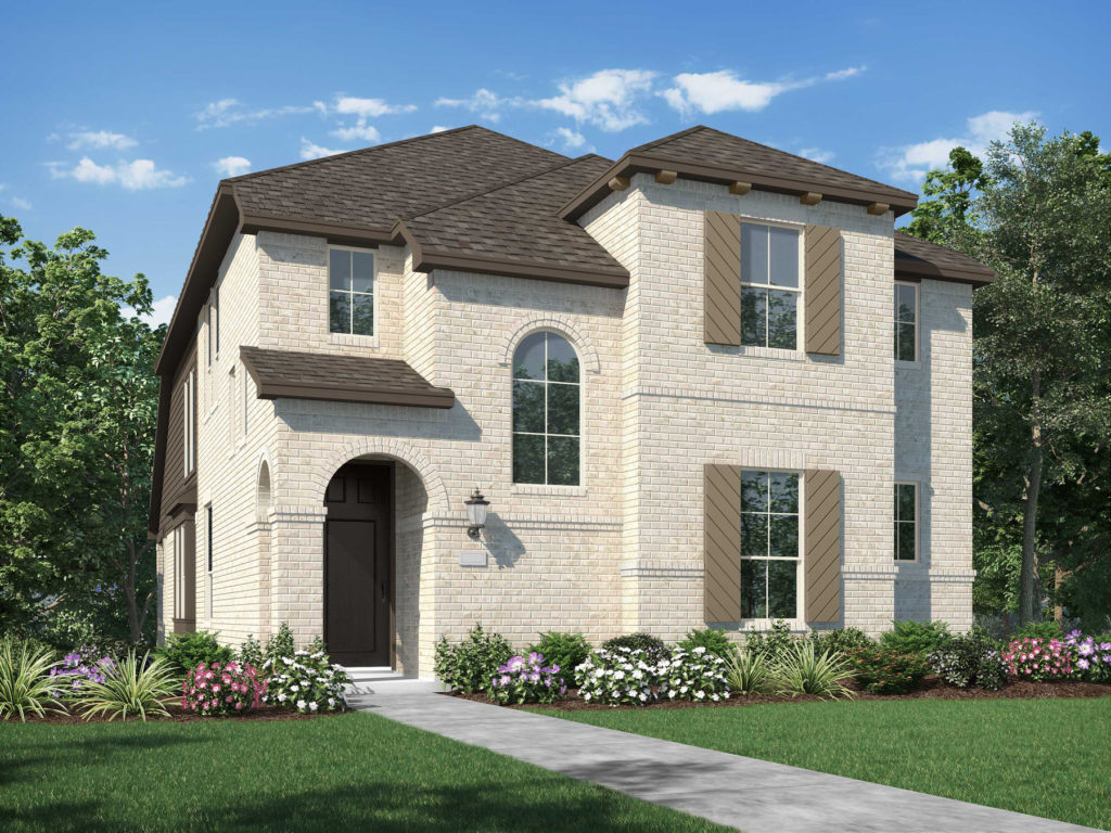 A rendering of the front of a two story home located in McKinney, Texas near a beautiful lake.