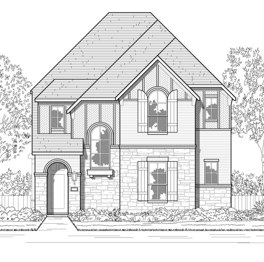 A black and white rendering of a nature-inspired home with trails in McKinney.