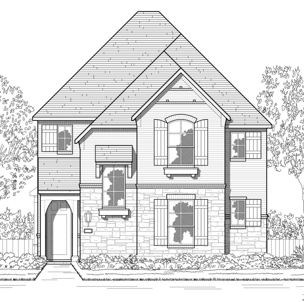 A black and white drawing of a two-story home nestled in nature, surrounded by scenic trails.