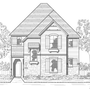 A black and white drawing of a two-story home nestled in nature, surrounded by scenic trails.