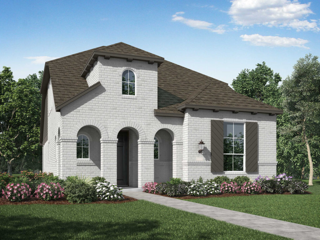 A rendering of a home with white siding nestled in the tranquil beauty of Texas nature trails.