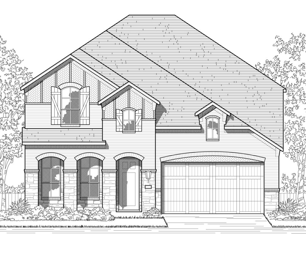 A black and white rendering of a new home tucked amidst the natural beauty of Texas.