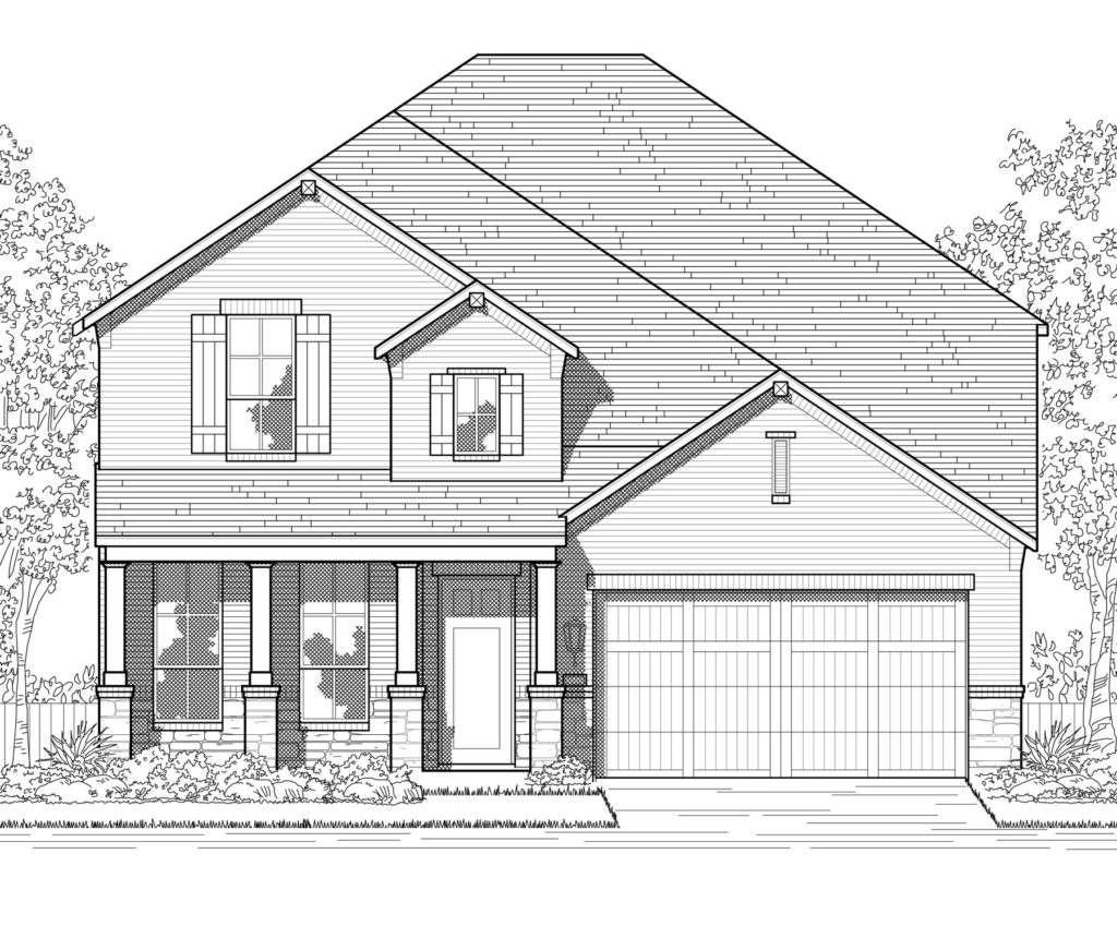 A rendering of a beautiful new home in McKinney, Texas featuring a two-car garage.