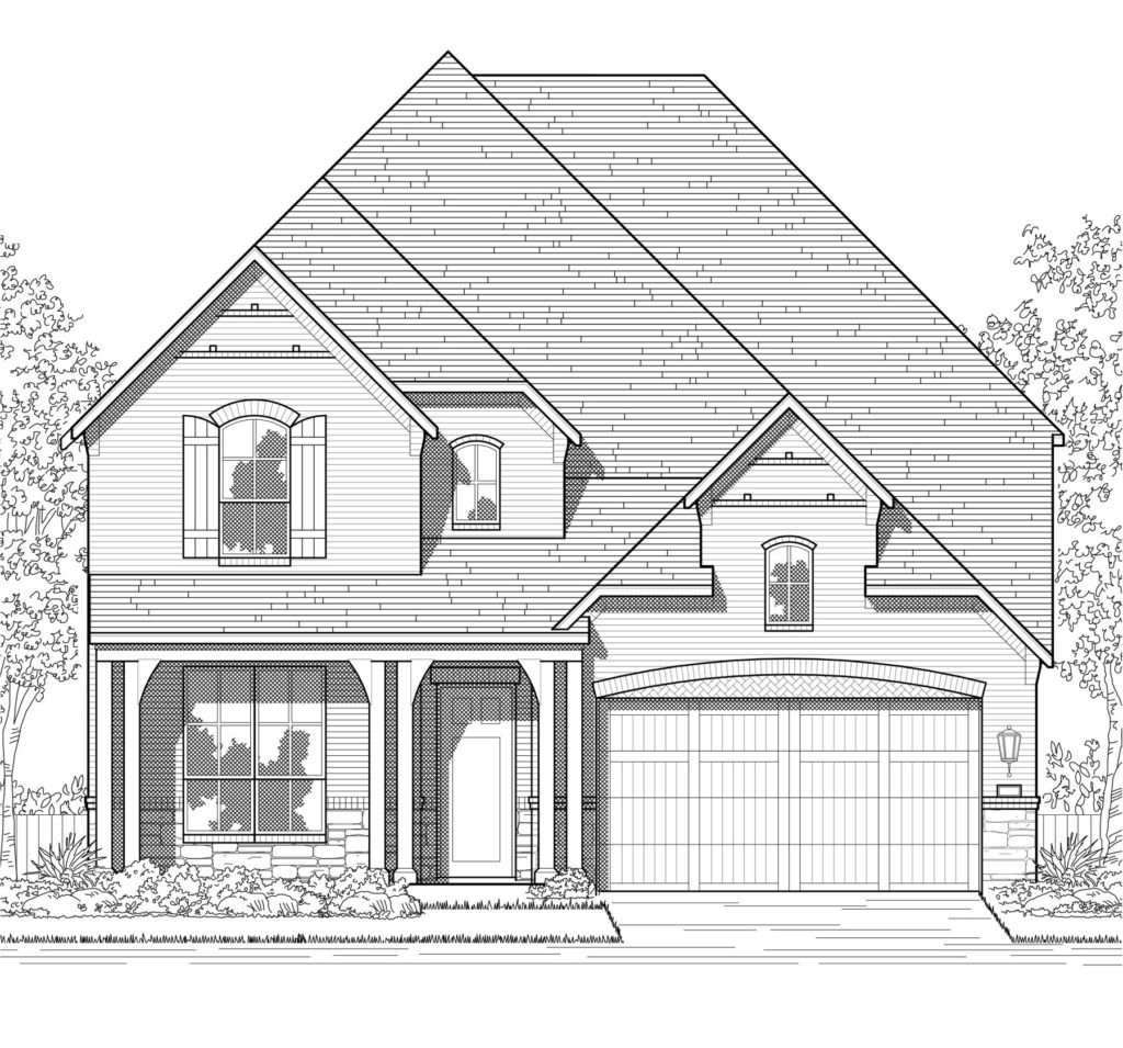 A black and white rendering of a two story home located near a serene lake in Texas.