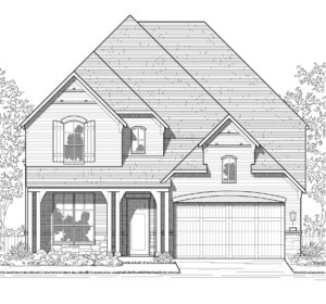 A black and white rendering of a two story home located near a serene lake in Texas.