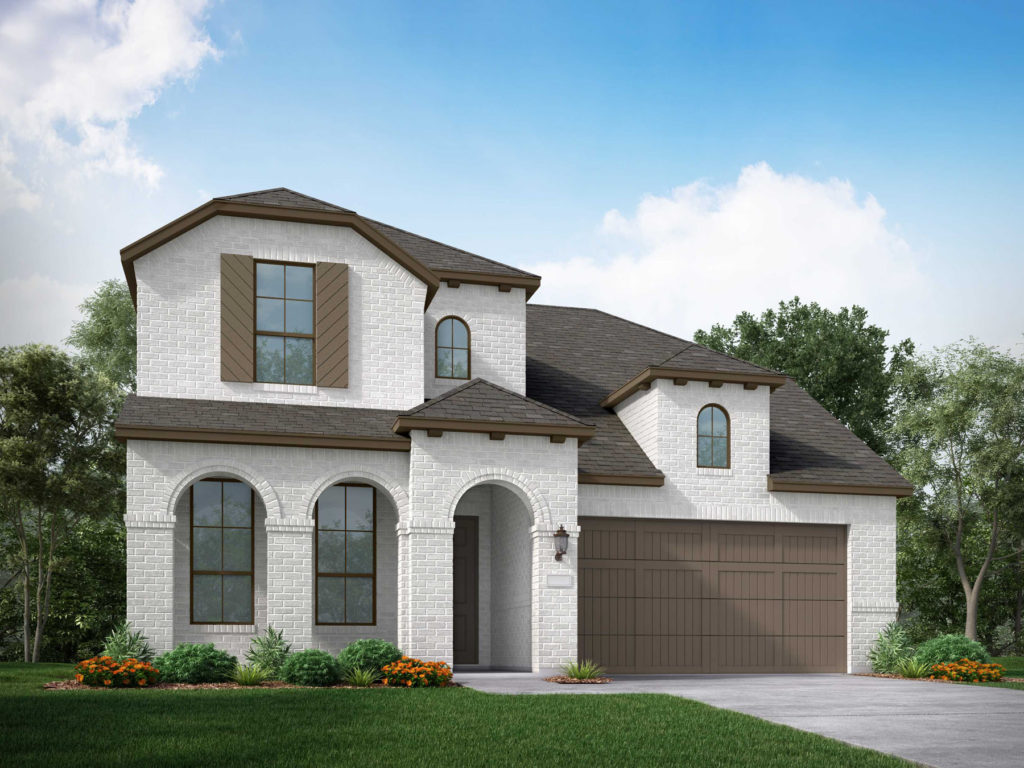 A rendering of a two story home in McKinney with a garage, located near scenic trails.