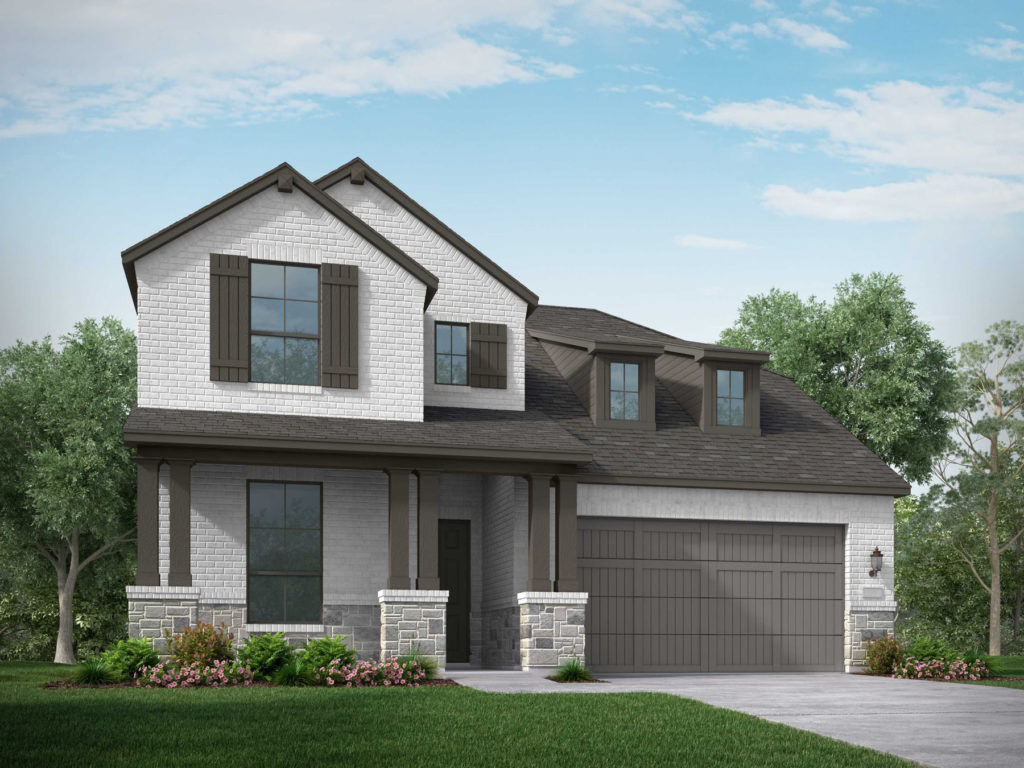 A rendering of a two story home with a garage nestled amidst the picturesque trails and serene lake of Texas.