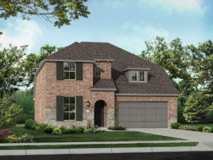 A rendering of a new brick home with a garage, surrounded by nature trails.