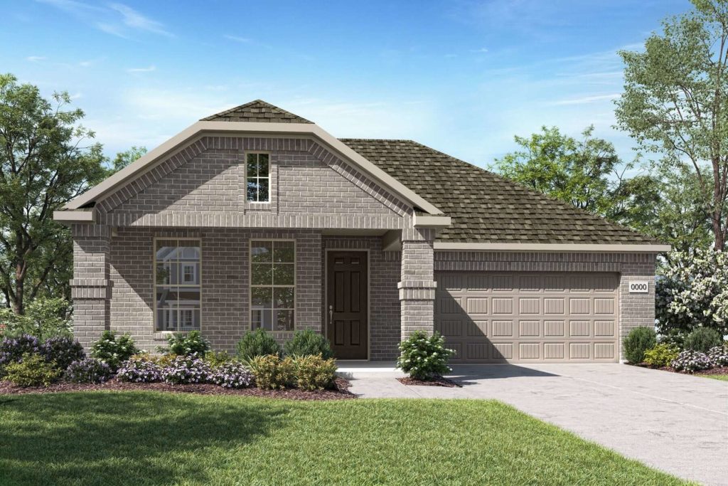 A rendering of a two story home in McKinney, Texas with a garage and new construction.