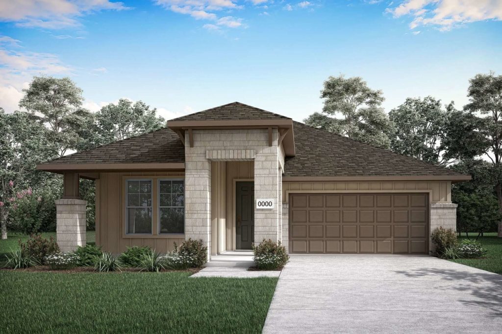 A rendering of a McKinney home with a garage overlooking serene Lake Trails.