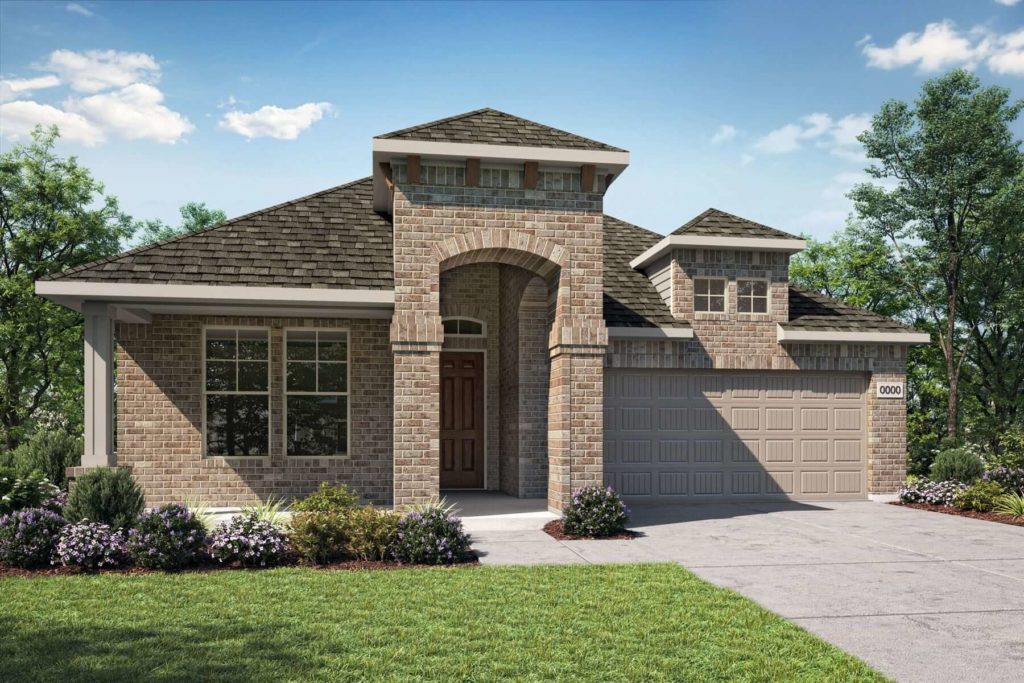A rendering of a new brick home with a garage, nestled within a serene landscape of trails and nearby lake.