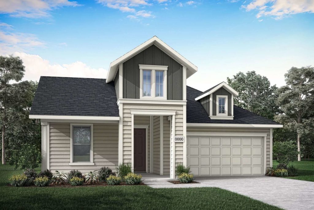 A picturesque rendering of a two-story home nestled in the tranquil McKinney Trails, surrounded by nature.