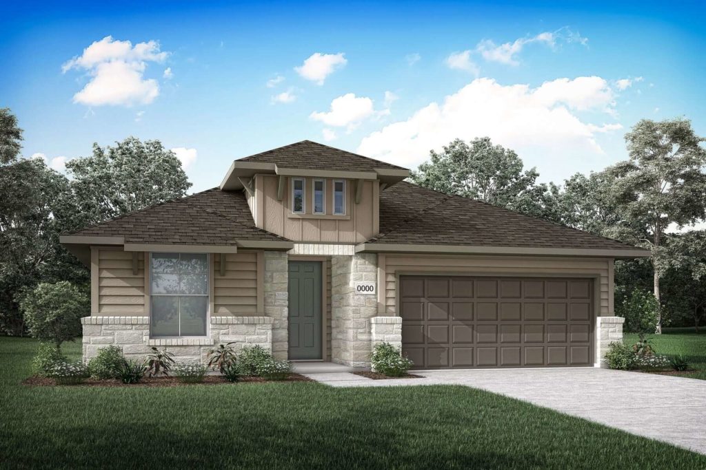 A picturesque rendering of a home nestled amidst nature in McKinney, Texas, complete with a garage.
