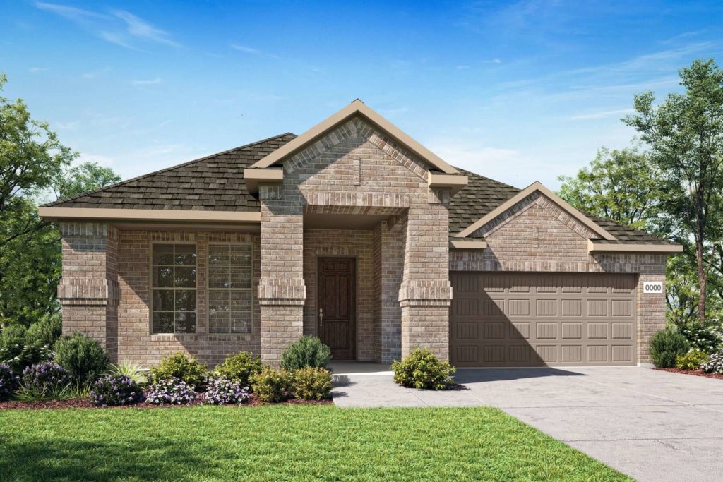 A rendering of a brick home with a garage located near Lake McKinney.