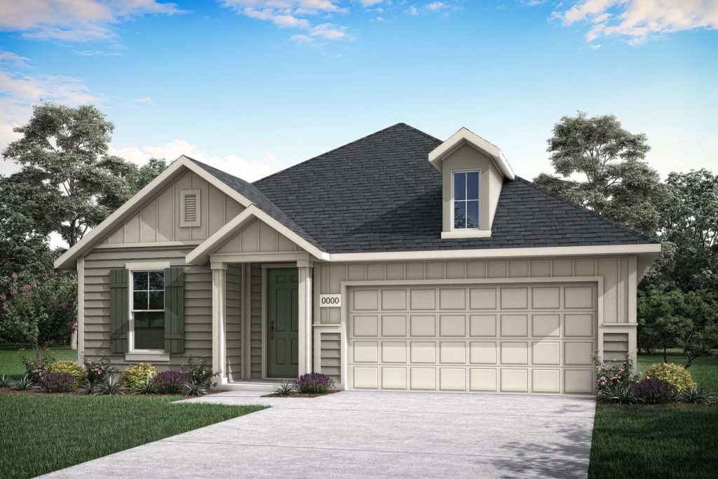 A rendering of a new two-story home with a garage, overlooking a tranquil lake.
