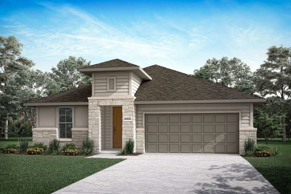 A rendering of a two story home with a garage, situated near a lake.