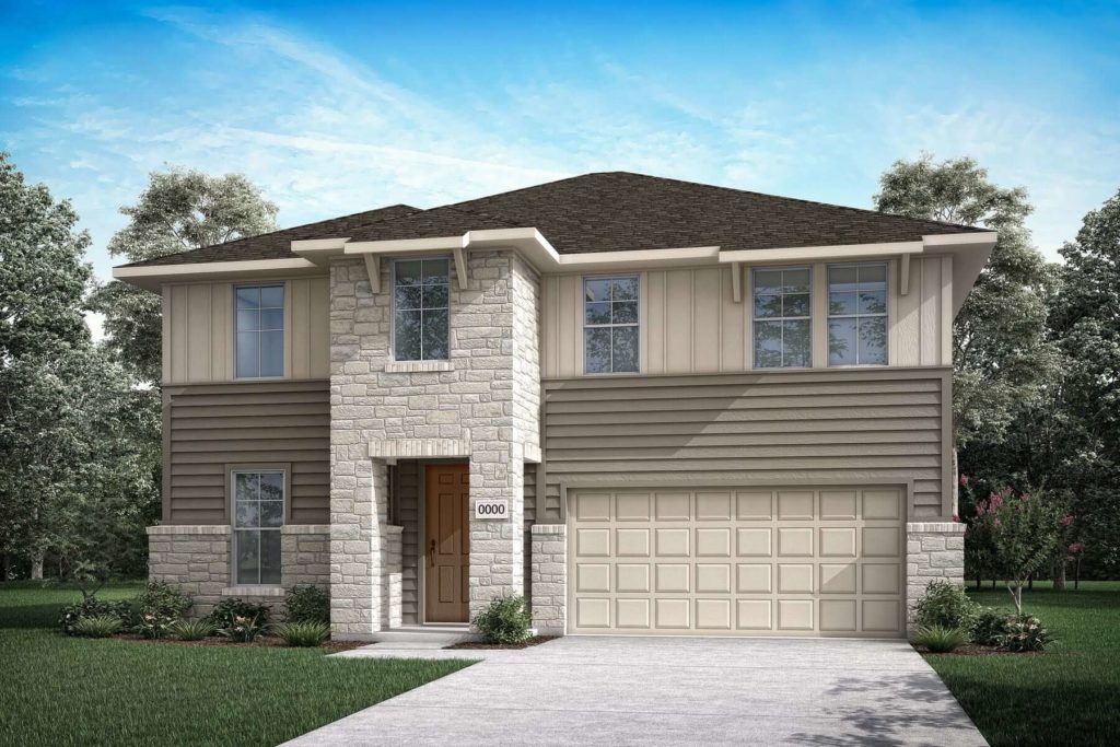 A rendering of a two story home with a garage, nestled near a serene lake.