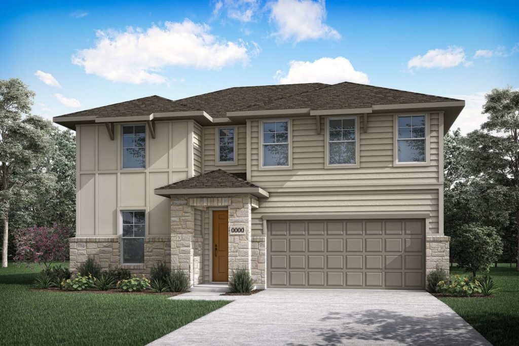 A rendering of a two story home with a garage located in McKinney, Texas.  or  Description: A rendering of a two story home with a garage nestled among scenic trails in McKinney