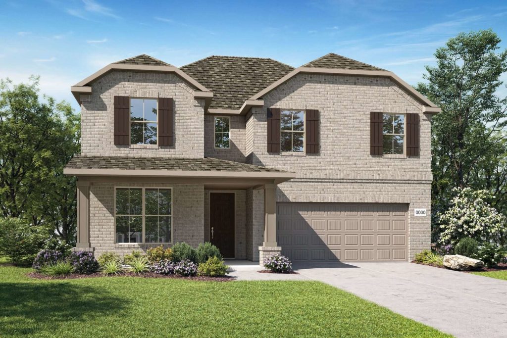 A rendering of a two story home with a garage, nestled in the tranquil nature of McKinney with views of a nearby lake.