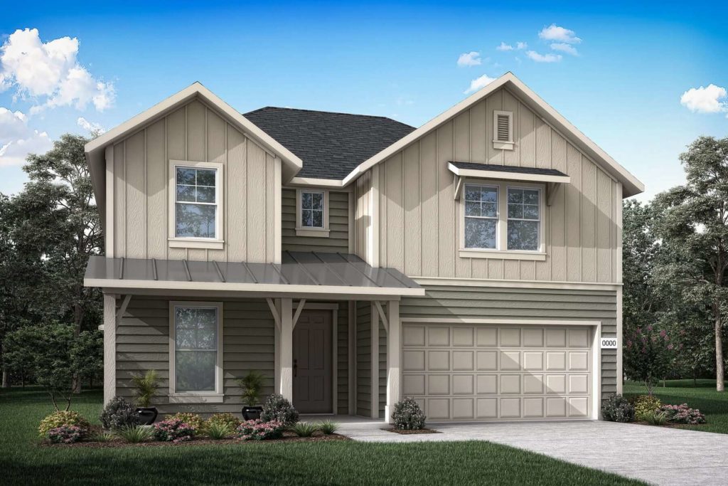 A rendering of a nature-themed two story home with a garage in McKinney. The surrounding area is adorned with trails for outdoor enthusiasts.
