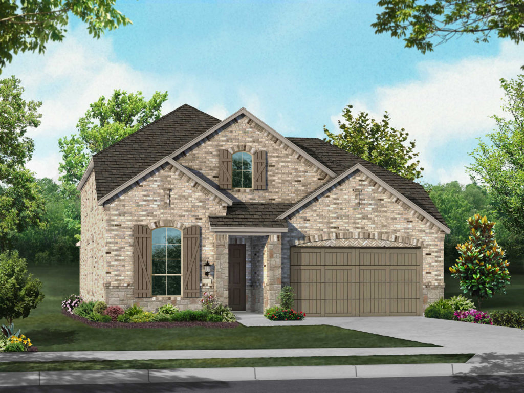 A rendering of a two-story home with a garage nestled near the serene Lake in Texas.